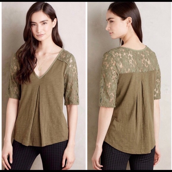 Anthropologie Olive Green Mixed Media Top, Size L - Picture 2 of 7